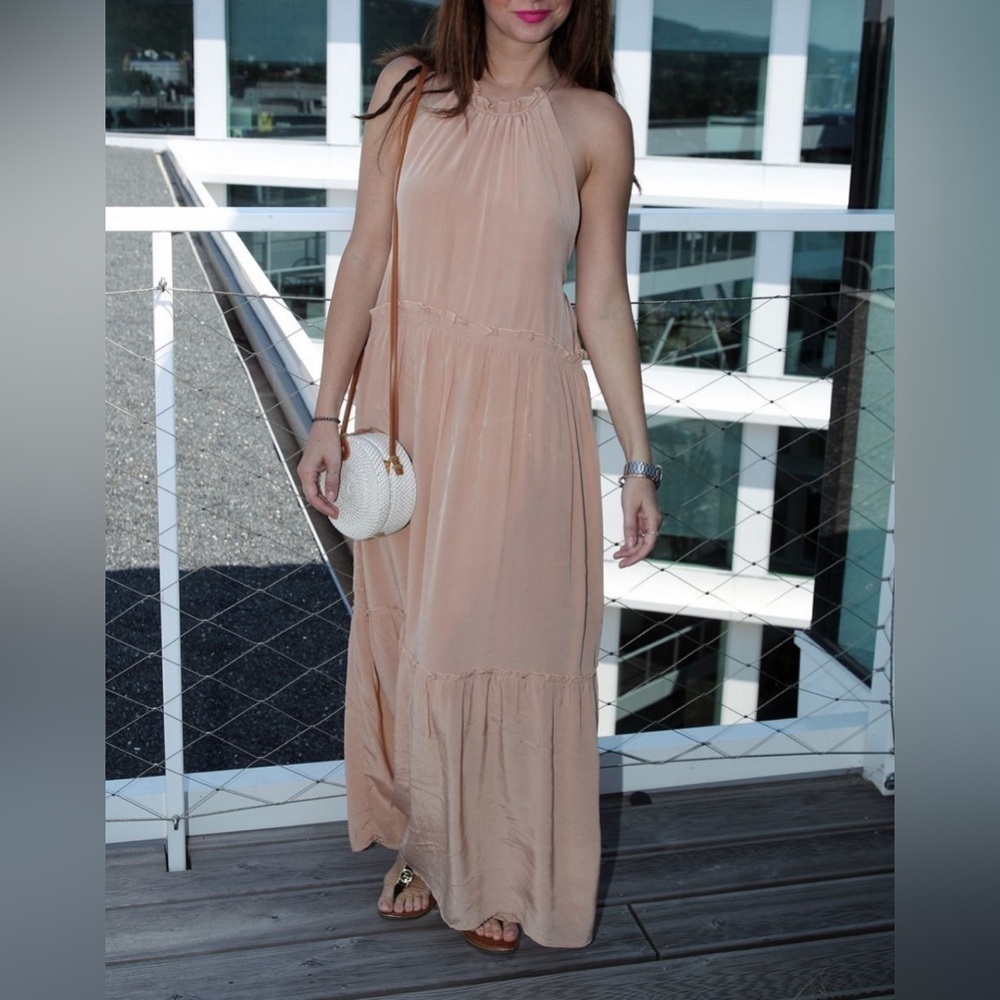 Zara Peach Halter Neck Low Back Ruffled Fit & Flare Maxi Dress Womens Size M